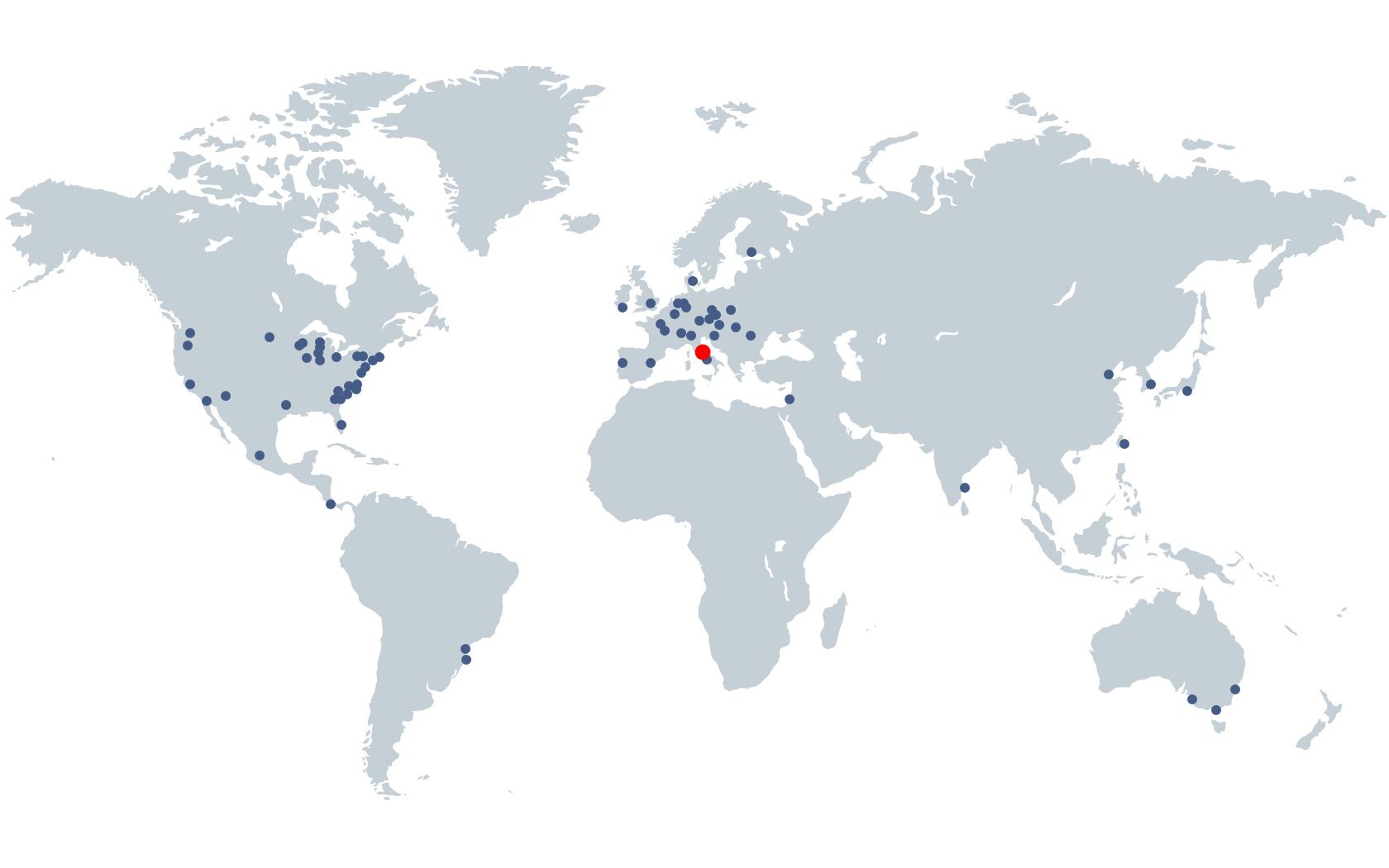 Carte représentant le réseau mondial des distributeurs du système d'alimentation flexible FlexiBowl.